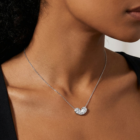 Linked Hearts Moissanite Necklace 2×1CT Pear-Cut Hearts Meaningful Heart Valentine